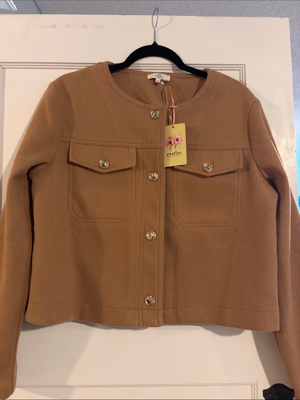 entro Tan Round-Neck Button Front Boxy Jacket